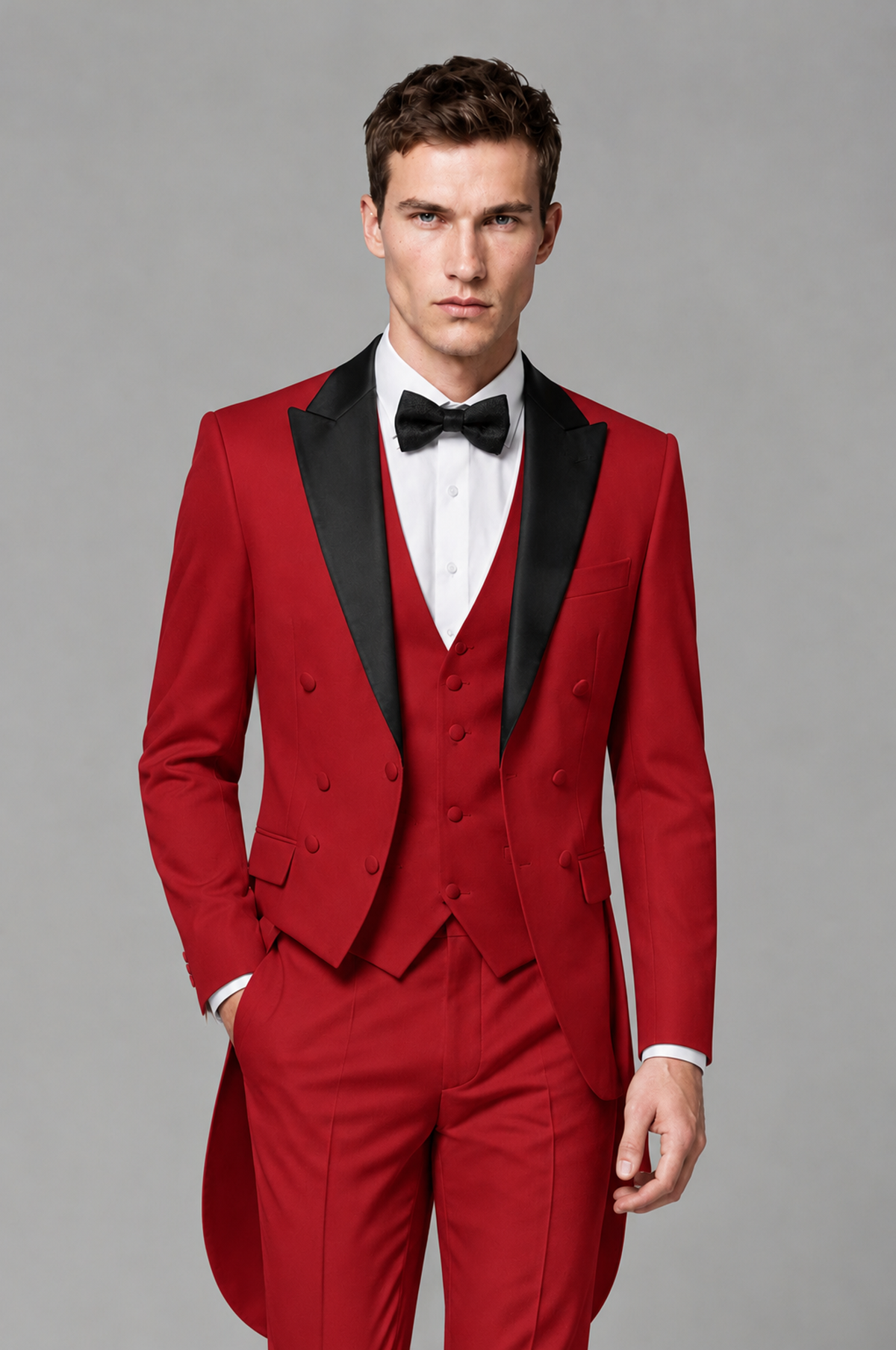 Savile Red 3-Piece Tailcoat Tuxedo Suit with Black Peak Lapel - Red - Red_01