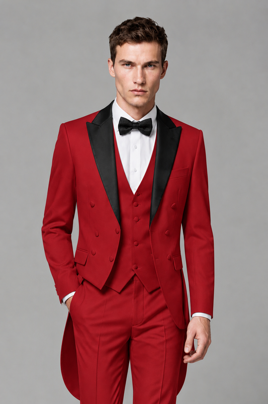 Savile Red 3-Piece Tailcoat Tuxedo Suit with Black Peak Lapel - Red - Red_01