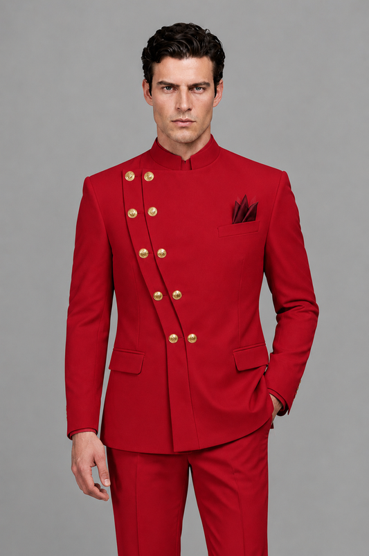 BOLODOO Men's Red Asymmetrical Mandarin Collar Tuxedo Suit – Modern 2-Piece Gold Button Wedding, Prom & Gala Set - Red - Red_01