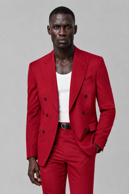 Savile Men's Red Double Breasted Slim Fit 2-Piece Suit Set – Blazer & Trousers | Wedding Gala Formal - Red - Red_01