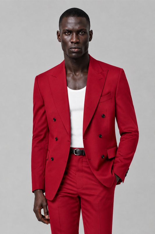 Savile Men's Red Double Breasted Slim Fit 2-Piece Suit Set – Blazer & Trousers | Wedding Gala Formal - Red - Red_01
