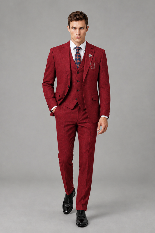 Savile Men's Grey Notch Lapel 3-Piece Suit Set | Jacket, Vest & Trousers - Red - Red