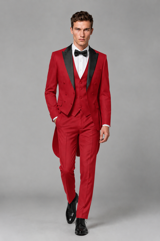 Savile Red 3-Piece Tailcoat Tuxedo Suit with Black Peak Lapel - Red - Red_02