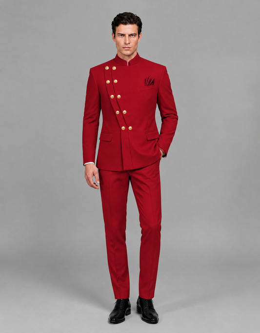 BOLODOO Men's Red Asymmetrical Mandarin Collar Tuxedo Suit – Modern 2-Piece Gold Button Wedding, Prom & Gala Set - Red - Red_02
