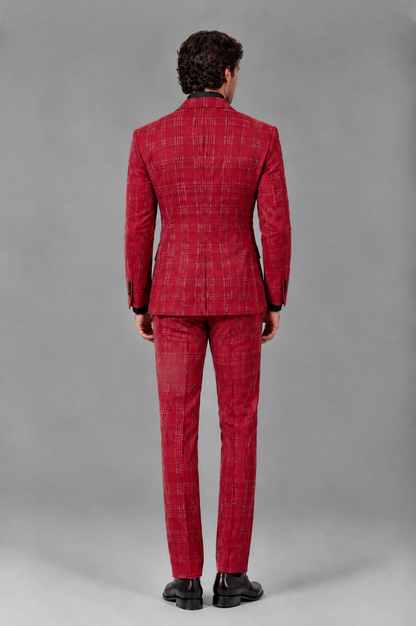 Savile Men's Rust Plaid 2-Piece Double-Breasted Suit – Peak Lapel Slim-Fit Jacket & Trousers Set - Red - Red