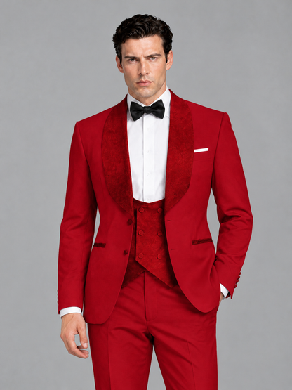 Savile Men's Red 3-Piece Tuxedo Suit Set – Contrast Red Shawl Lapel Blazer, Red Waistcoat & Trousers - SUC020 - Red
