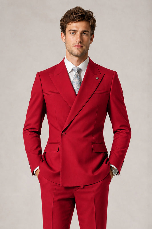 Savile Men's Red Double-Breasted Slim Fit 2-Piece Suit Set – Peak Lapel Blazer & Cuffed Trousers | Wedding Prom Formal - Red