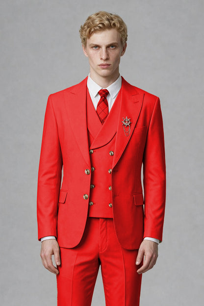 Savile Men's Red Three-Piece Wedding Suit with Double-Breasted Waistcoat - Red