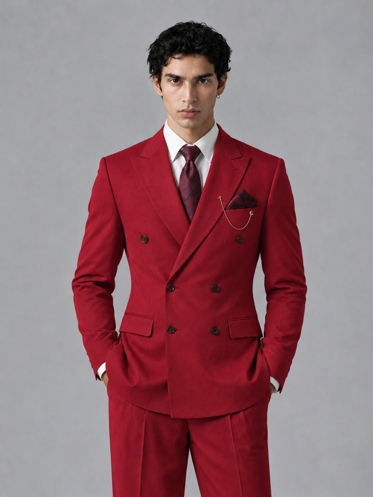 Savile Men's Red Double-Breasted 2-Piece Suit Set – Peak Lapel Blazer & Pleated Wide-Leg Trousers - Red - Red_1