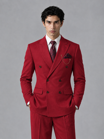 Savile Men's Red Double-Breasted 2-Piece Suit Set – Peak Lapel Blazer & Pleated Wide-Leg Trousers - Red - Red_1