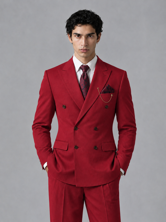 Savile Men's Red Double-Breasted 2-Piece Suit Set – Peak Lapel Blazer & Pleated Wide-Leg Trousers - Red - Red_1
