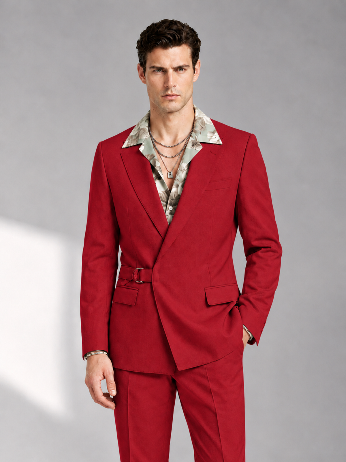 Savile Men's Red Belted Wrap 2-Piece Suit – Peak Lapel Blazer & Tailored Trousers - SUC060 - Red - Red_1