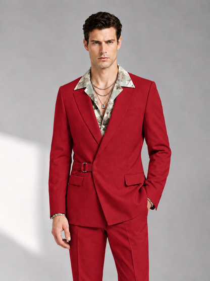 Savile Men's Red Belted Wrap 2-Piece Suit – Peak Lapel Blazer & Tailored Trousers - SUC060 - Red - Red_1