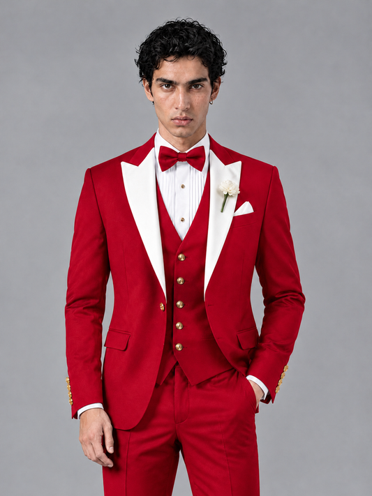 Savile Men's Red Contrast White Peak Lapel 3-Piece Tuxedo Suit - Red