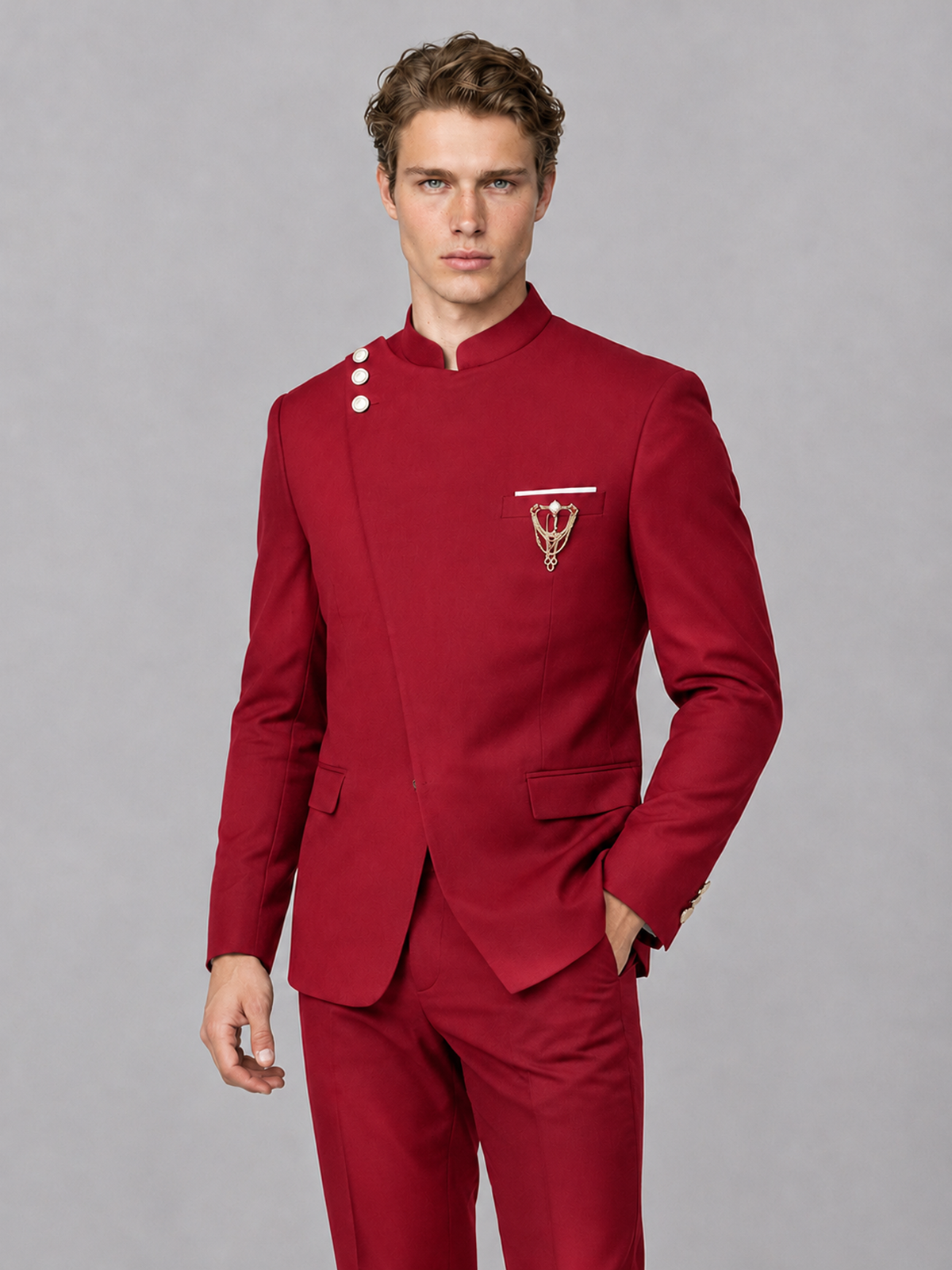 Savile Men's Red Mandarin Collar Asymmetrical 2-Piece Suit Set – Modern Jacket & Trousers - Red - Red_1