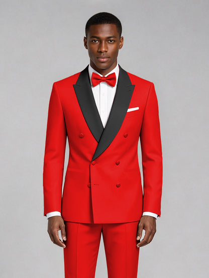 Men's Red Double-Breasted Tuxedo Suit – Satin Shawl Lapel Red-Tie Wedding & Gala 2-Piece Set - Red