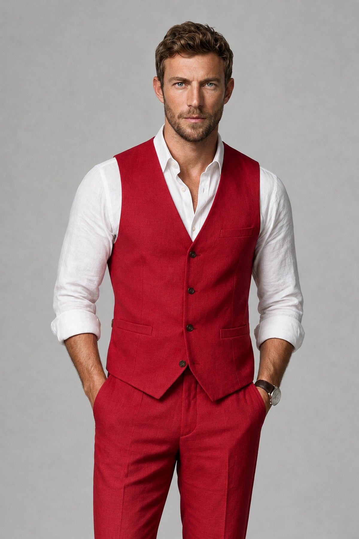 Men's Red Linen Blend Single-Breasted V-Neck Suit Vest | Savile QX0101 - Red