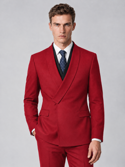 Savile Men's Red Wrap Shawl Lapel 2-Piece Suit Set – Modern Jacket & Trousers - Red - Red_1