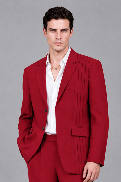 Savile Men's Red Pleated 2-Piece Suit Set | Notch Lapel Blazer & Tailored Trousers - Red - Red_1