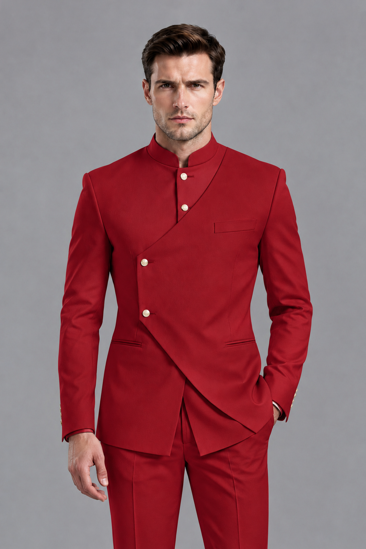 Savile Men's Red Asymmetrical Mandarin Collar Tuxedo Suit – Modern 2-Piece Gold Button Wedding, Prom & Gala Set - Red - Red_1
