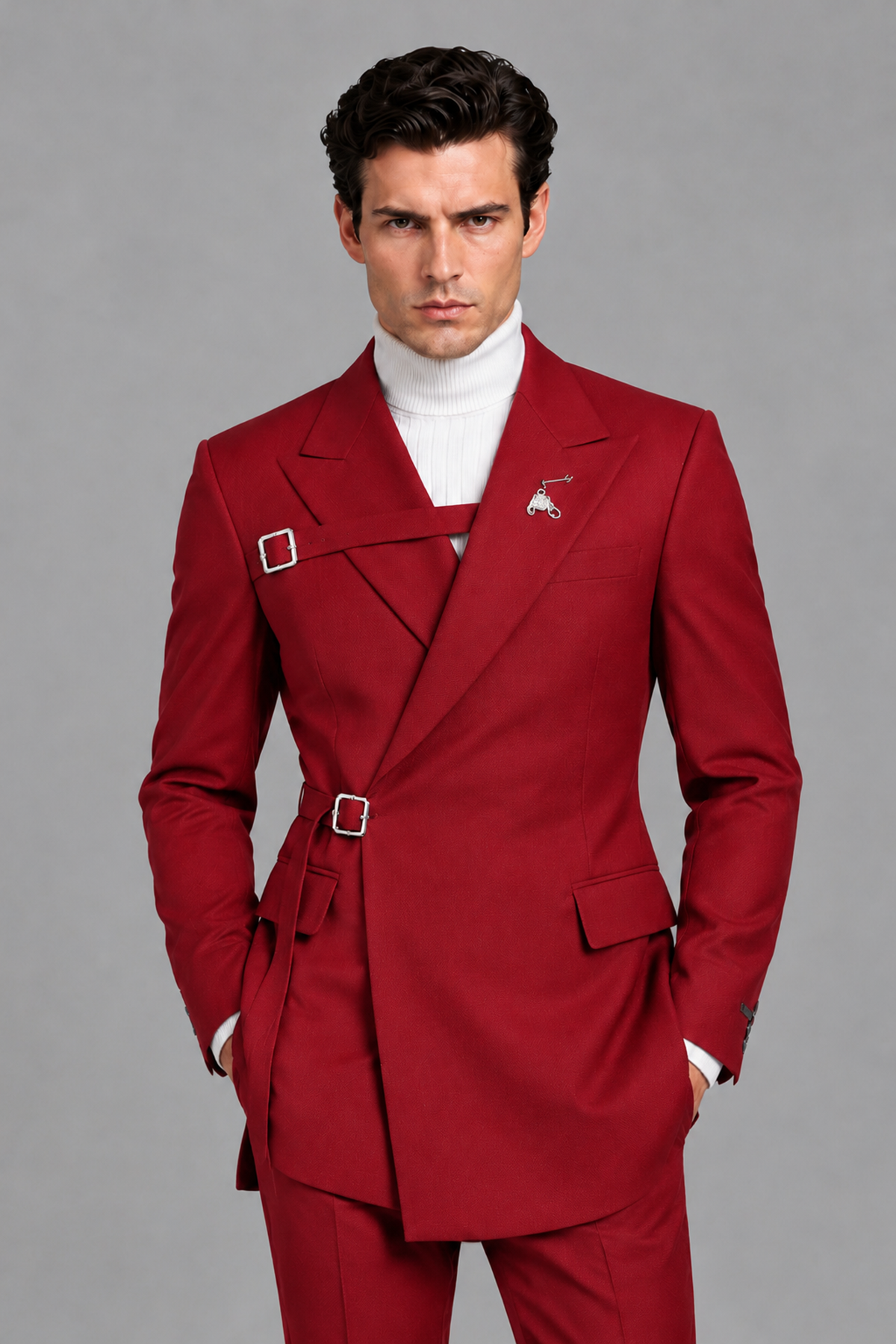 Savile Men's Red Double Buckle Wrap Belted 2-Piece Suit Set – Peak Lapel Slim-Fit Jacket & Trousers - Red - Red_1