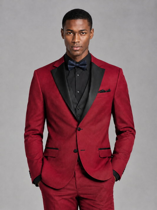 Savile Men's Red Contrast Shawl Lapel Tuxedo Suit – 3-Piece Wedding, Prom & Black-Tie Formal Set - Red - Red_1