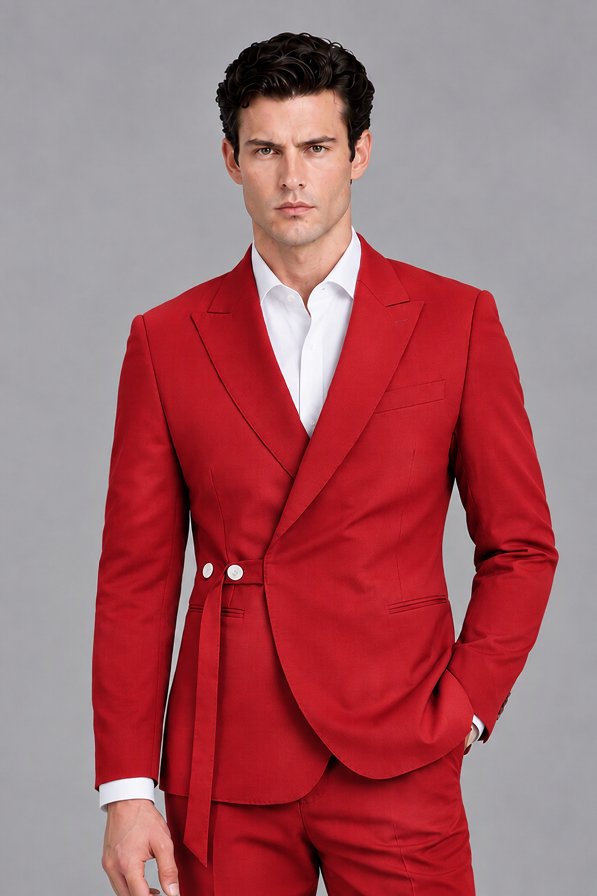 Savile Men's Modern Red 2-Piece Wrap Suit Set – Peak Lapel Side-Button Blazer & Tailored Trousers - Red - Red_1