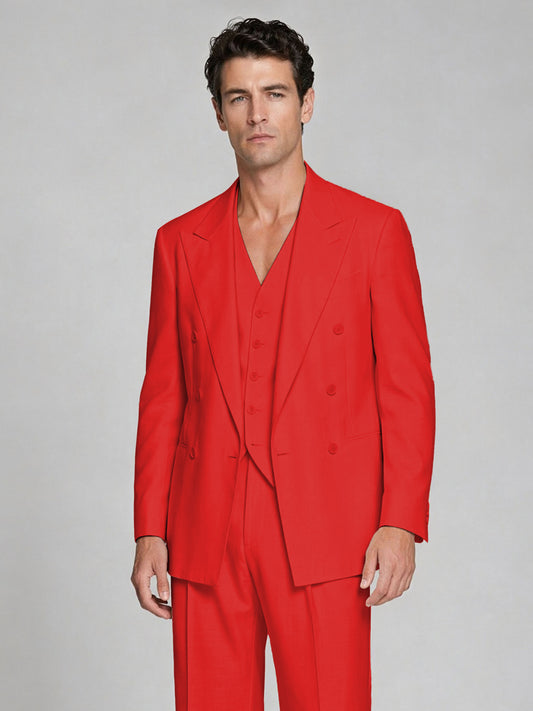 Men's Red Double-Breasted 2-Piece Suit – Peak Lapel Wedding & Beach Formal Set with Vest - Red