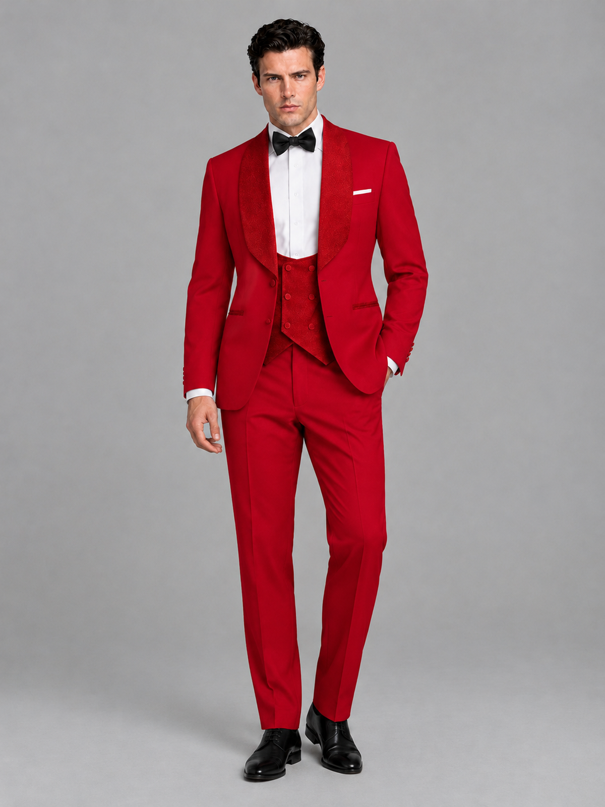 Savile Men's Red 3-Piece Tuxedo Suit Set – Contrast Red Shawl Lapel Blazer, Red Waistcoat & Trousers - SUC020 - Red