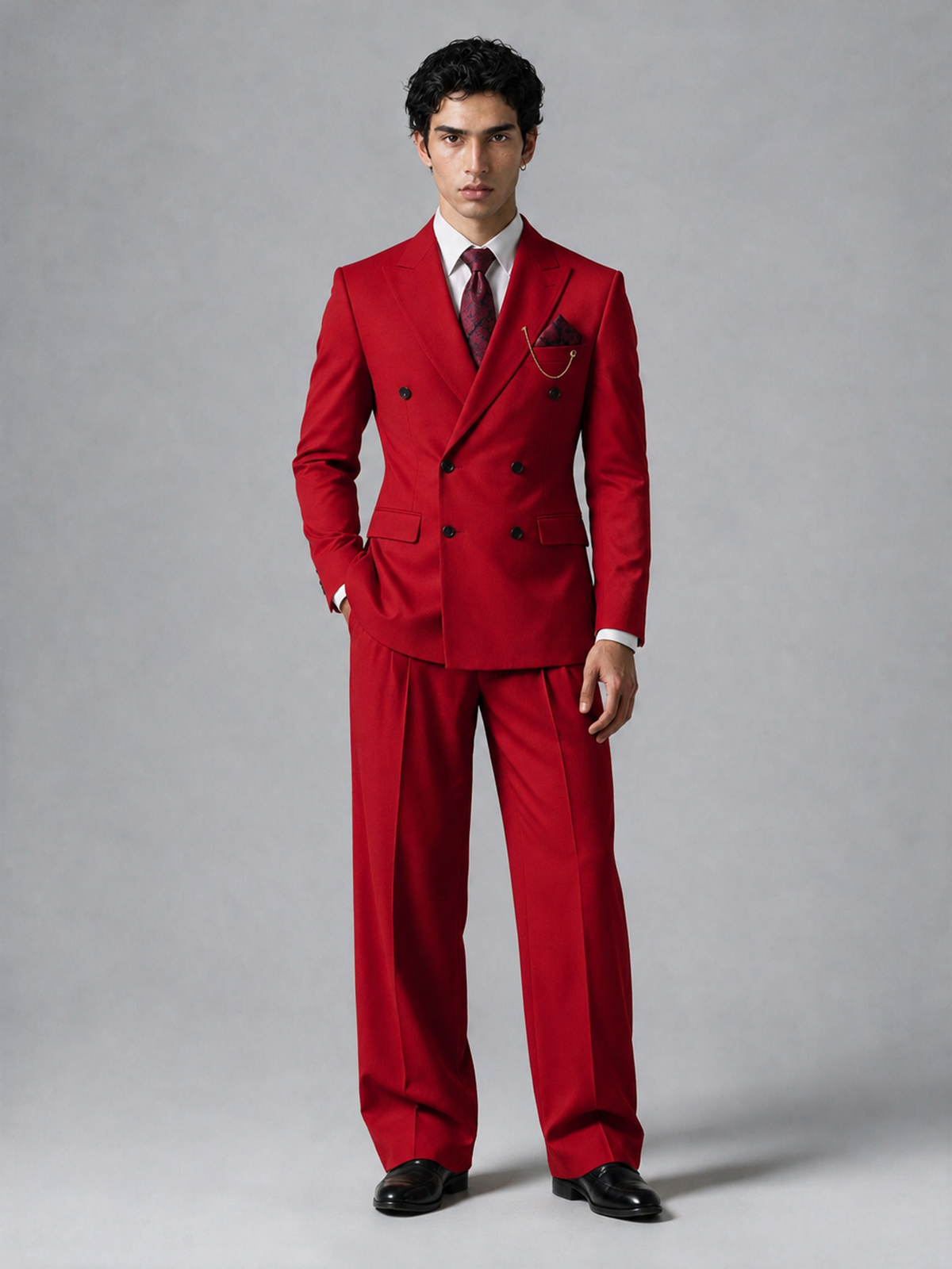Savile Men's Red Double-Breasted 2-Piece Suit Set – Peak Lapel Blazer & Pleated Wide-Leg Trousers - Red - Red_2