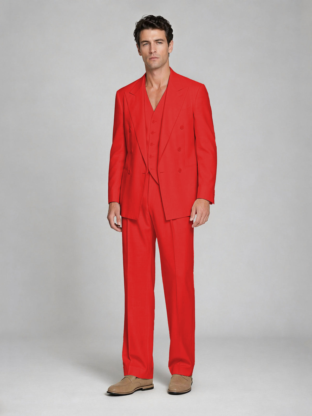 Men's Red Double-Breasted 2-Piece Suit – Peak Lapel Wedding & Beach Formal Set with Vest - Red