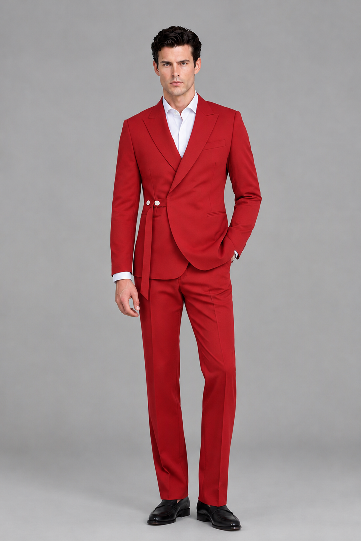 Savile Men's Modern Red 2-Piece Wrap Suit Set – Peak Lapel Side-Button Blazer & Tailored Trousers - Red - Red_2