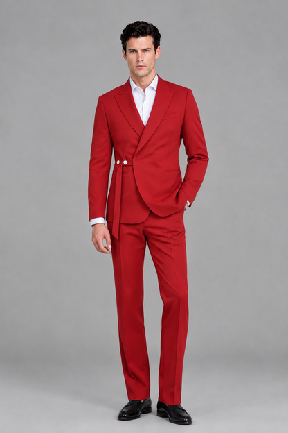 Savile Men's Modern Red 2-Piece Wrap Suit Set – Peak Lapel Side-Button Blazer & Tailored Trousers - Red - Red_2