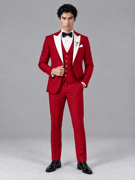 Savile Men's Red Contrast White Peak Lapel 3-Piece Tuxedo Suit - Red