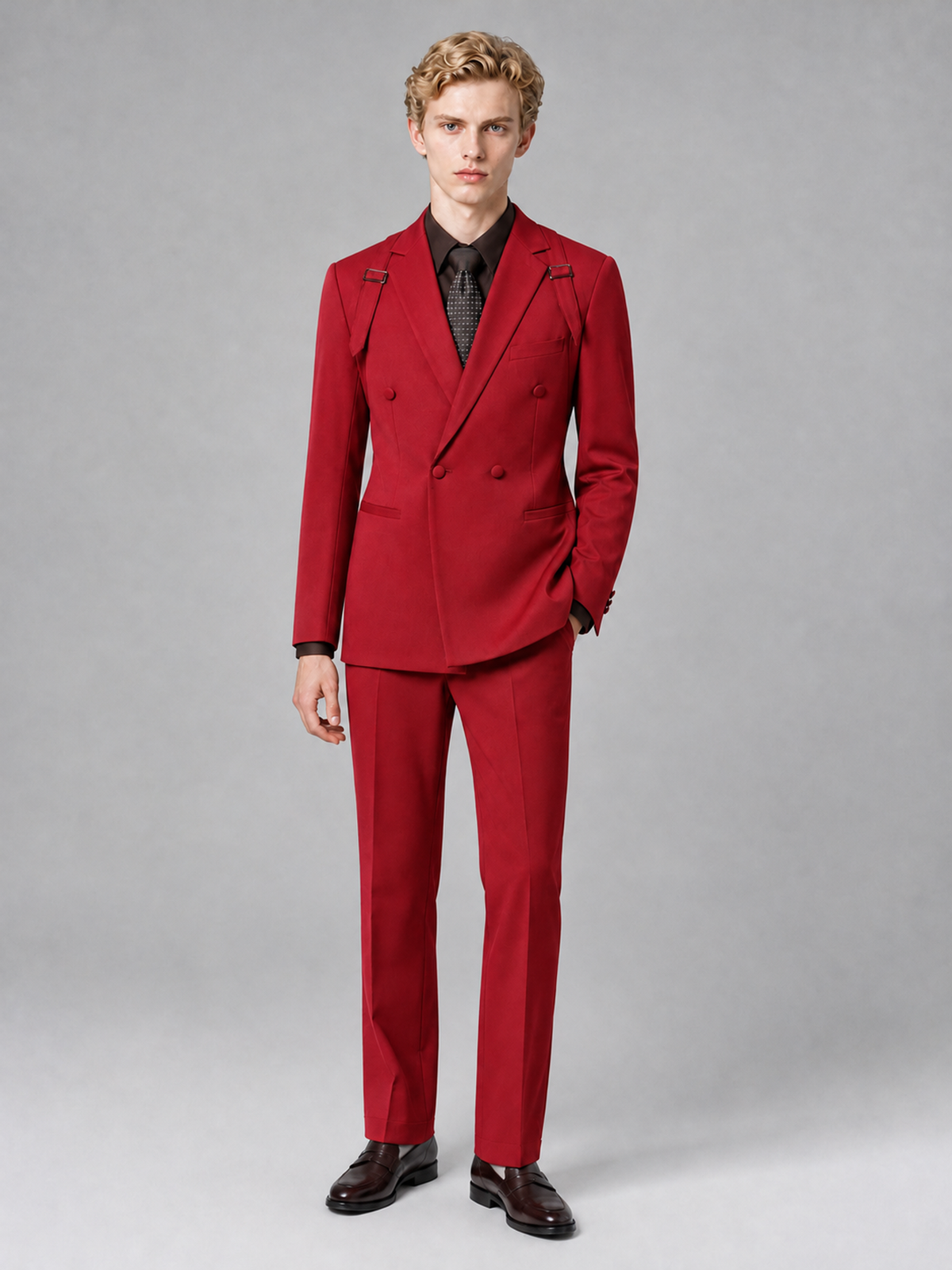 Men's Light Red Double-Breasted Slim Fit 2-Piece Suit – Peak Lapel Wedding & Business Formal Set - Red - Red_2