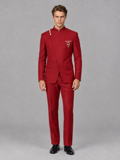 Savile Men's Red Mandarin Collar Asymmetrical 2-Piece Suit Set – Modern Jacket & Trousers - Red - Red_2