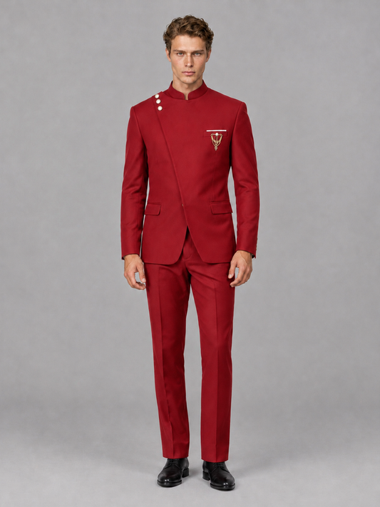 Savile Men's Red Mandarin Collar Asymmetrical 2-Piece Suit Set – Modern Jacket & Trousers - Red - Red_2