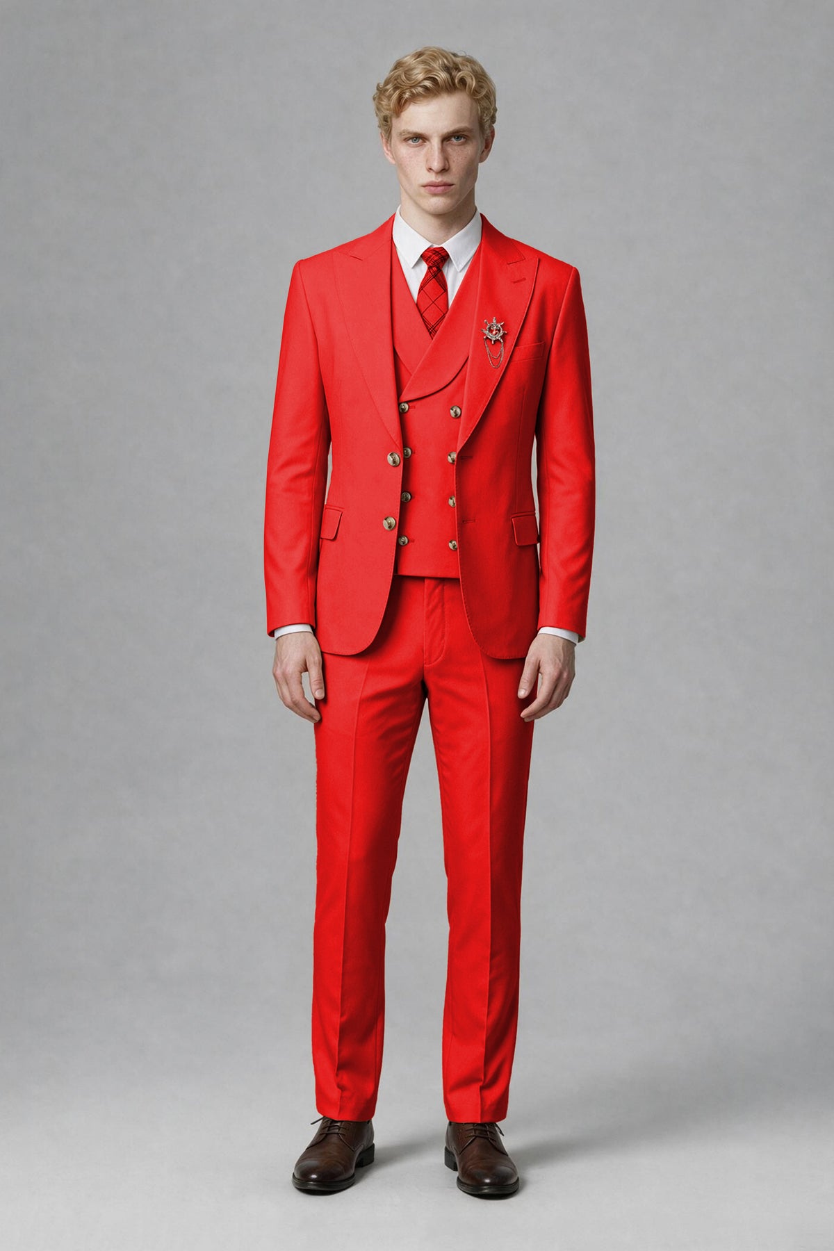 Savile Men's Red Three-Piece Wedding Suit with Double-Breasted Waistcoat - Red
