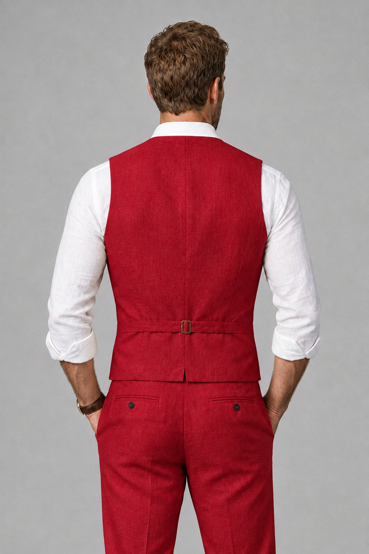 Men's Red Linen Blend Single-Breasted V-Neck Suit Vest | Savile QX0101 - Red