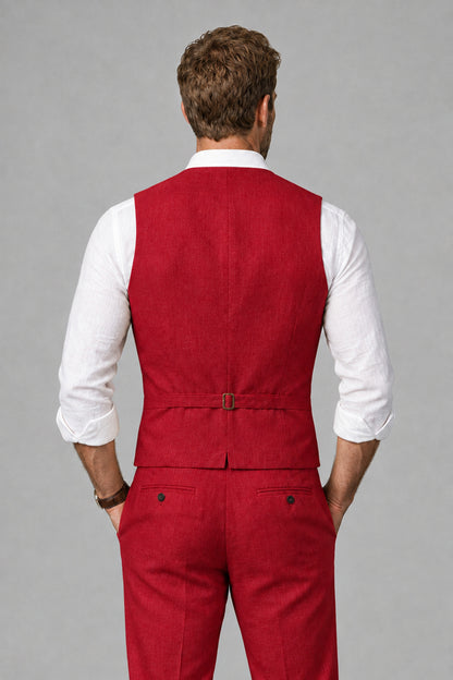 Men's Red Linen Blend Single-Breasted V-Neck Suit Vest | Savile QX0101 - Red