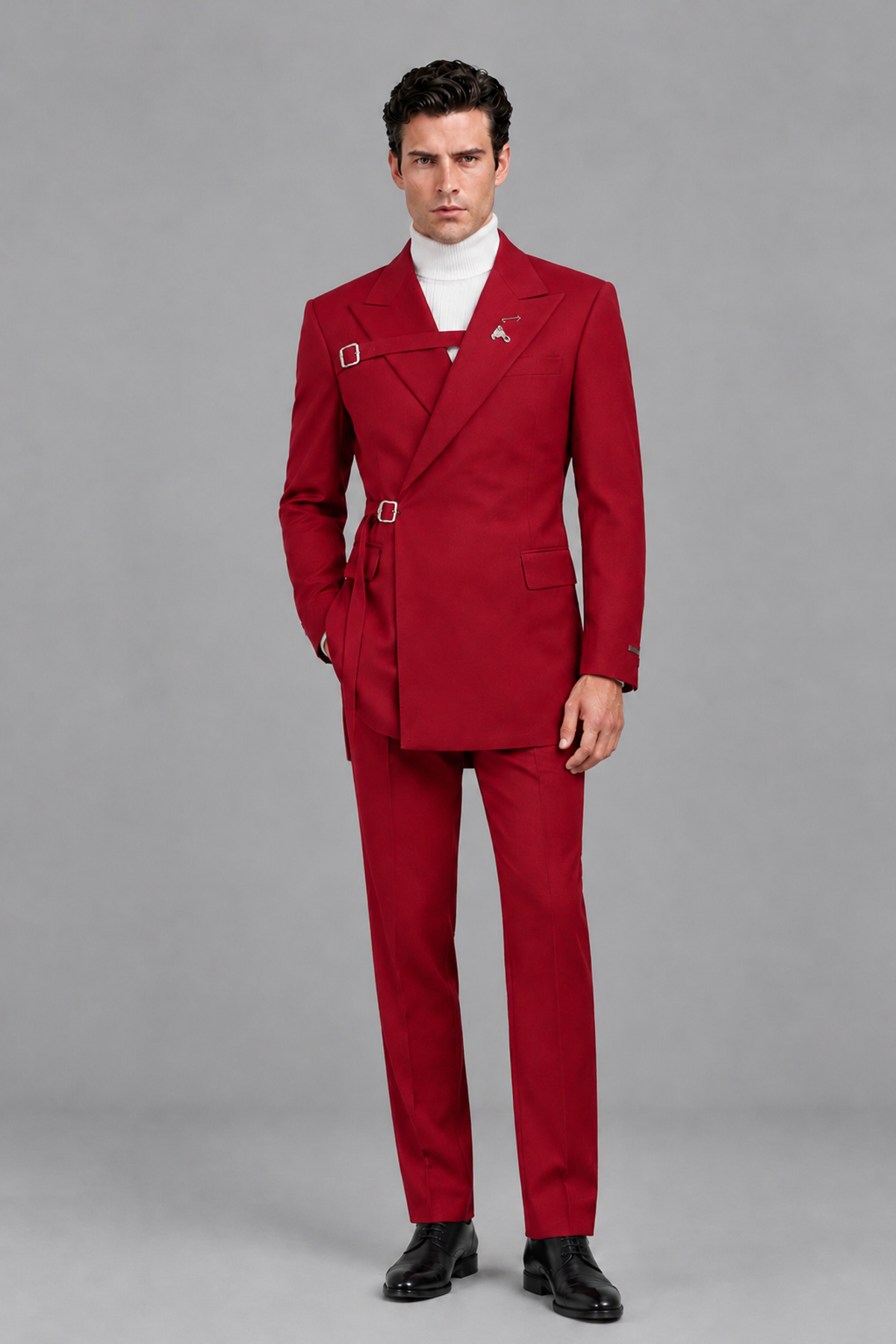Savile Men's Red Double Buckle Wrap Belted 2-Piece Suit Set – Peak Lapel Slim-Fit Jacket & Trousers - Red - Red_2