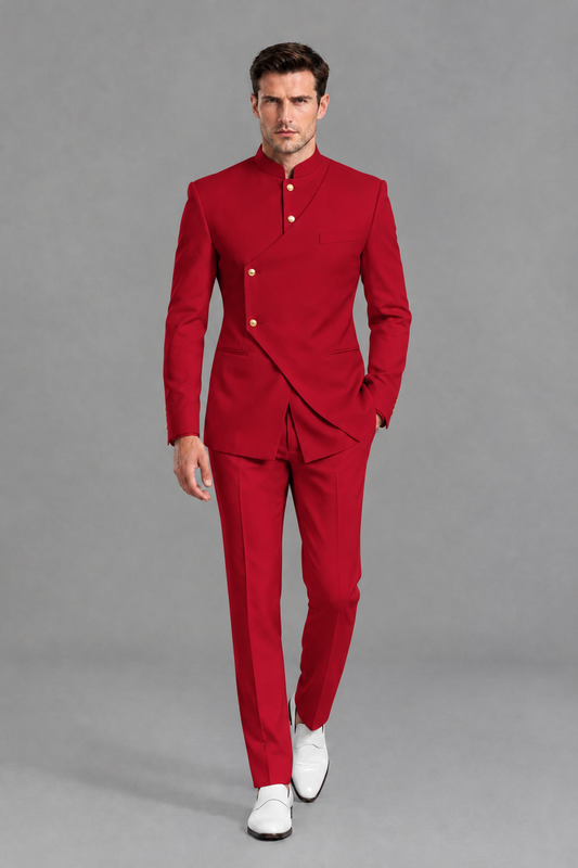 Savile Men's Red Asymmetrical Mandarin Collar Tuxedo Suit – Modern 2-Piece Gold Button Wedding, Prom & Gala Set - Red - Red_2
