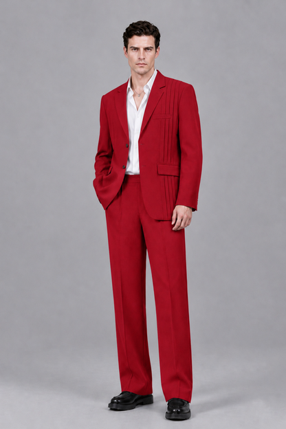 Savile Men's Red Pleated 2-Piece Suit Set | Notch Lapel Blazer & Tailored Trousers - Red - Red_2