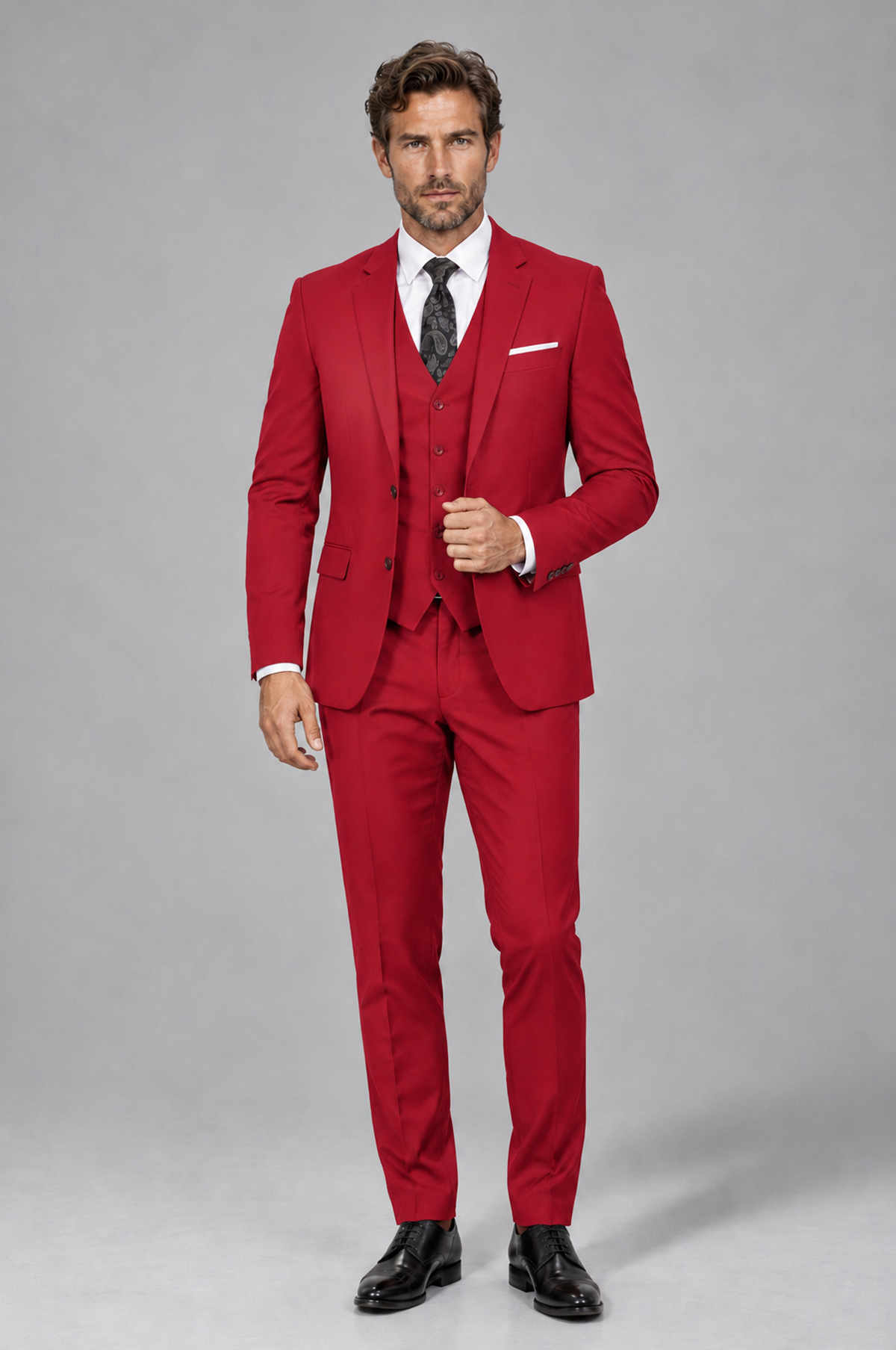 Savile Men's Red 3-Piece Suit Set – Notch Lapel Blazer, Vest & Trousers - Red - Red_2
