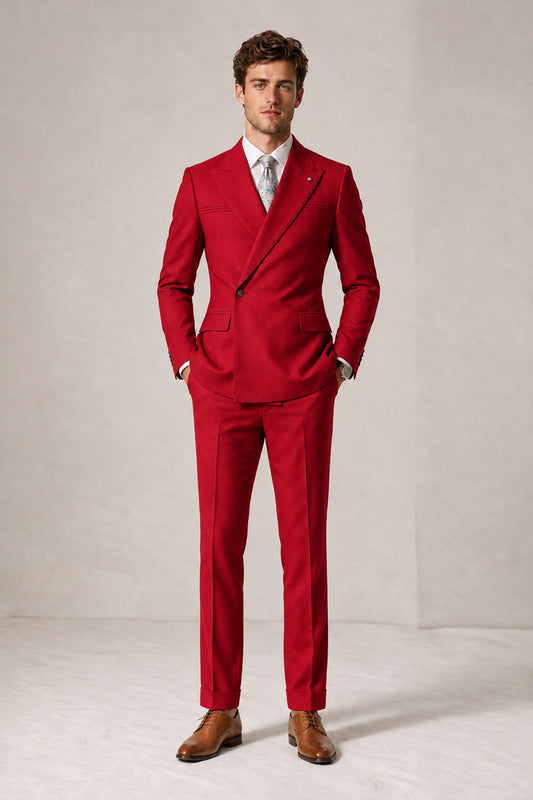 Savile Men's Red Double-Breasted Slim Fit 2-Piece Suit Set – Peak Lapel Blazer & Cuffed Trousers | Wedding Prom Formal - Red