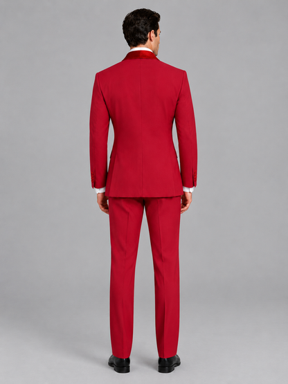 Savile Men's Red 3-Piece Tuxedo Suit Set – Contrast Red Shawl Lapel Blazer, Red Waistcoat & Trousers - SUC020 - Red