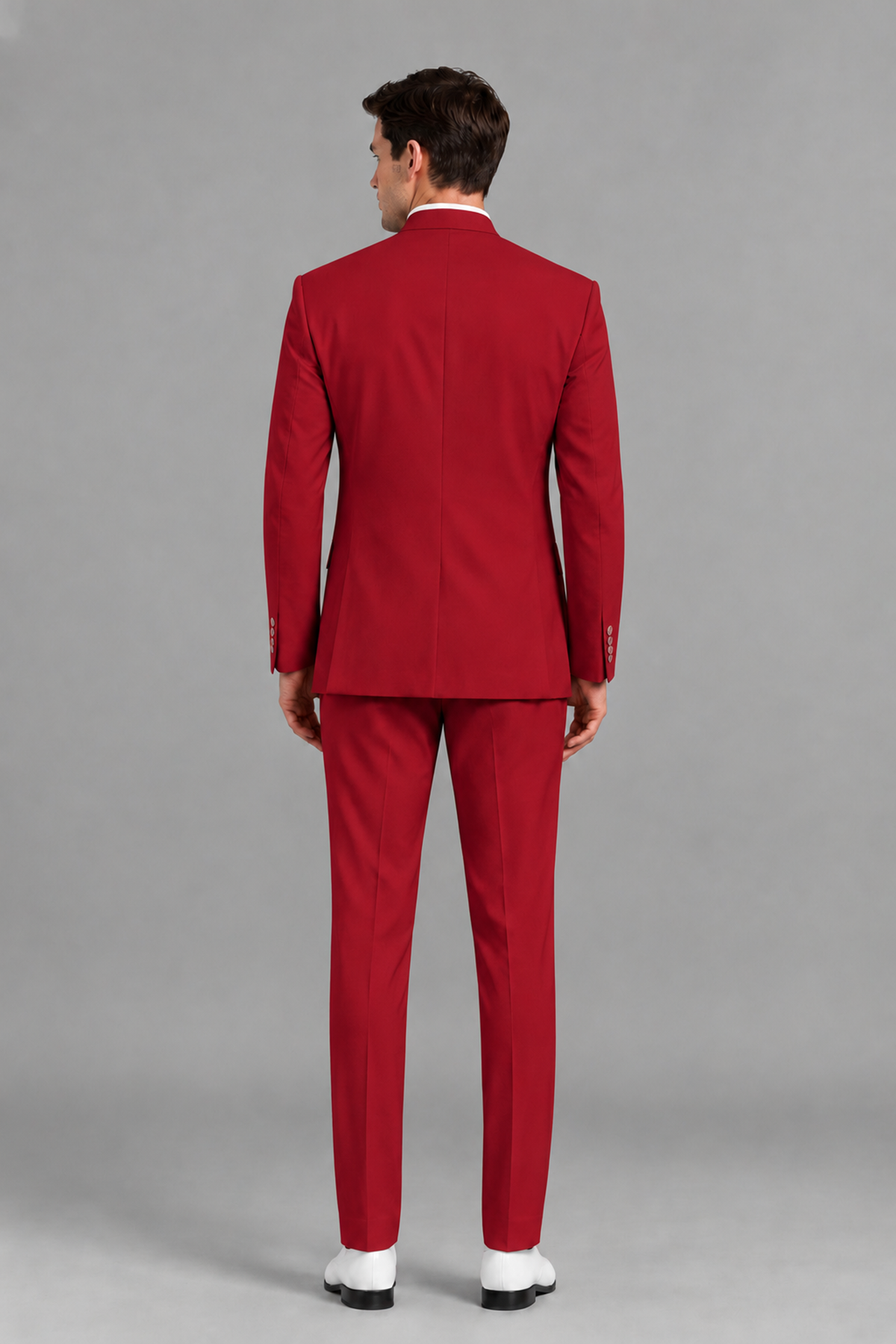 Savile Men's Red Asymmetrical Mandarin Collar Tuxedo Suit – Modern 2-Piece Gold Button Wedding, Prom & Gala Set - Red - Red_3