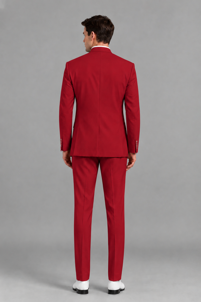 Savile Men's Red Asymmetrical Mandarin Collar Tuxedo Suit – Modern 2-Piece Gold Button Wedding, Prom & Gala Set - Red - Red_3