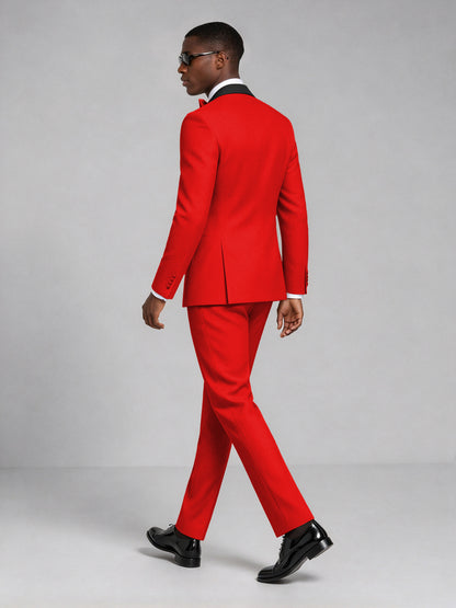 Men's Red Double-Breasted Tuxedo Suit – Satin Shawl Lapel Red-Tie Wedding & Gala 2-Piece Set - Red