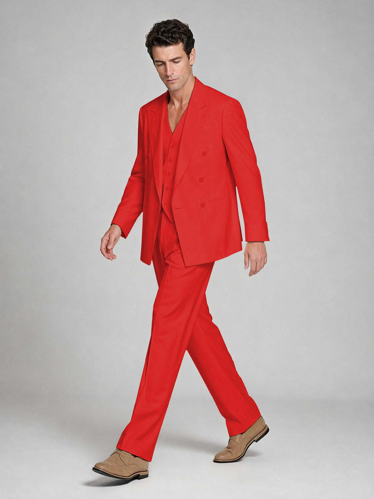 Men's Red Double-Breasted 2-Piece Suit – Peak Lapel Wedding & Beach Formal Set with Vest - Red